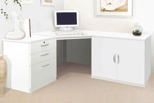 Small Office Corner Desk Set With 3 Drawers & Cupboard (White)