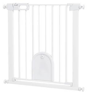 PawHut 75-82cm Pet Safety Gate with Double Locking, Pressure Fit Stair with Cat Flat for Doorways, Hallways, White