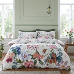 RHS Exotic Garden 200 Thread Count White Cotton Reversible Duvet Cover and Pillowcase Set White/Pink/Green