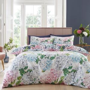 RHS Hydrangea Garden 200 Thread Count White Cotton Reversible Duvet Cover and Pillowcase Set Pink/White/Green