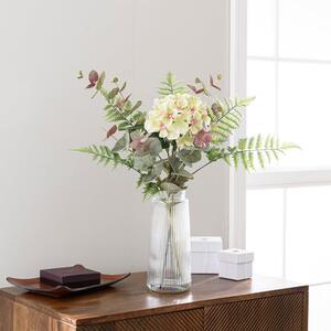 Artificial Green Hydrangea and Eucalyptus Bouquet in Ribbed Glass Vase