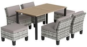 Outsunny 7-Piece Rattan Garden Dining Set, 6 Seater Wicker Garden Furniture Set with Seat and Back Cushions, Umbrella Hole, Patio Table and Chairs with Slatted Metal Top Table for Balcony, Grey