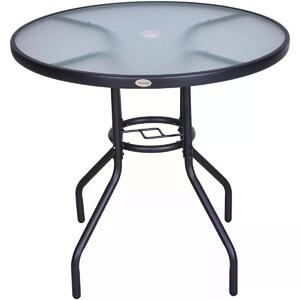 Outsunny Outdoor Round Dining Table Tempered Glass Top Steel Garden Table w/ Parasol Hole 80cm