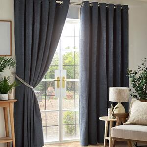 Chenille Triple Woven Ready Made Eyelet Blackout Curtains Charcoal