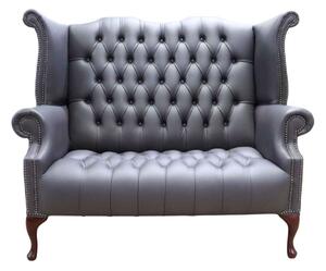 Chesterfield 2 Seater High Back Wing Chair Sofa Burnt Oak Leather In Queen Anne Style