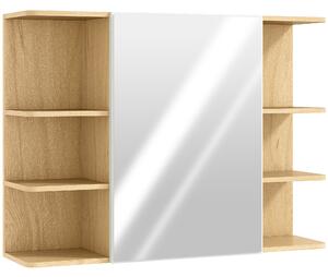 HOMCOM Bathroom Mirror Cabinet with Open Storage Shelves - Natural Wood Finish