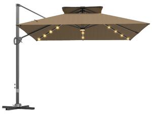 Outsunny 3.5x3 m Garden Cantilever Parasol with Solar LED Lights and Centre Light, Aluminium Large Square Patio Umbrella, UPF50+ Hanging Sun Shade with Cross Base, Crank Handle and Tilt, Khaki