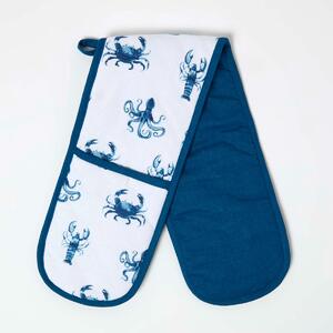 Homescapes 100% Cotton Sea Animal Kitchen Apron, 92 x 18 cm, Blue, Generously Padded