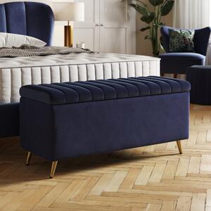 Curve Pleated Velvet End of Bed Ottoman Navy