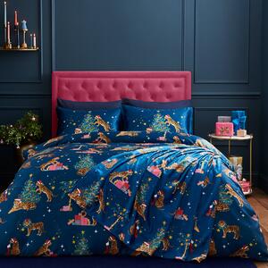 Catherine Lansfield Christmas Tiger Reversible Duvet Cover and Pillowcase Set Blue