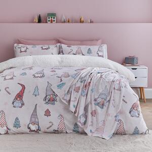 Catherine Lansfield Festive Gnomes Fleece Duvet Cover and Pillowcase Set Pink