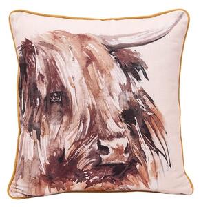 Meg Hawkins Highland Cow Square Cushion with Wooden Buttons