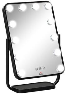 HOMCOM Hollywood Makeup Mirror with LED Lights, Tabletop Vanity Mirror with 12 Dimmable LED Bulbs, Memory Function and Metal Frame, Black