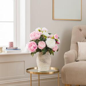 Artificial Pink & White Peony Bouquet in Washed Grey Resin Vase