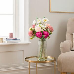 Artificial Rose & Poppy Bouquet in Ribbed Glass Vase