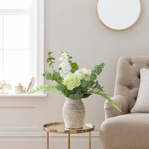 Artificial Green Hydrangea & Eucalyptus in Washed Grey Resin Vase