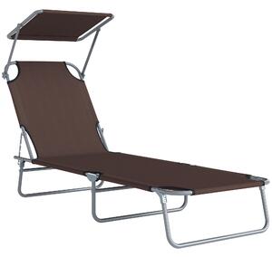 Outsunny Reclining Chair Sun Lounger Folding Lounger Seat with Sun Shade Awning Beach Garden Outdoor Patio Recliner Adjustable (Brown) Aosom UK