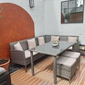 Outsunny 6-Seater Garden Outdoor Patio Rattan Corner Dining Set Wicker Sofa, Foot Stool, Dining Table with White Cushions, Mixed Grey Aosom UK