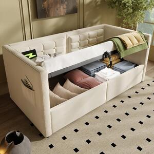 3ft Upholstered Single Sofa Bed with USB and Type-C Charging Station, Under-bed Storage with Side Pockets, 205L x 106W x 75H cm, Beige Aosom UK
