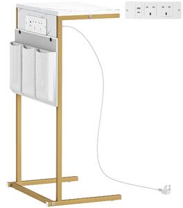 HOMCOM C-Shaped Bedside Table with Charging Station, Marble Grain Side Table with Power Outlets & USB Ports, Storage Bags, for Bedroom, Living Room, White