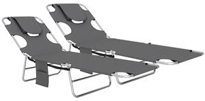 Outsunny Foldable Sun Lounger Set of 2, Beach Chaise Lounge with Reading Hole, Arm Slots, 5-Position Adjustable Backrest, Side Pocket, Pillow for Garden, Beach, Pool, Dark Grey