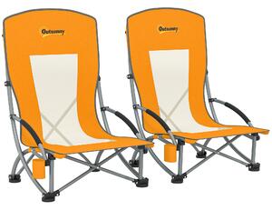 Outsunny Set of 2 Folding Beach Chair, Low Camping Chair with Mesh Back, Carry Bag and Cup Holder for Garden Outdoor Picnic Festival Travel, Orange