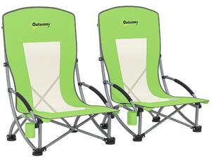 Outsunny Set of 2 Folding Beach Chair, Low Camping Chair with Mesh Back, Carry Bag and Cup Holder for Garden Outdoor Picnic Festival Travel, Green