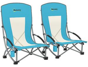 Outsunny Set of 2 Folding Beach Chair, Low Camping Chair with Mesh Back, Carry Bag and Cup Holder for Garden Outdoor Picnic Festival Travel, Blue