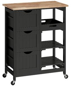 HOMCOM Rolling Kitchen Island Cart, Bar Serving Cart, Compact Trolley on Wheels with Wood Top, Shelves & Drawers for Home Dining Area, Black