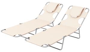 Outsunny Foldable Sun Lounger Set of 2, Beach Chaise Lounges with Reading Hole, Arm Slots, 5-Position Adjustable Backrest, Side Pocket, Pillow for Patio, Garden, Beach, Pool, Beige