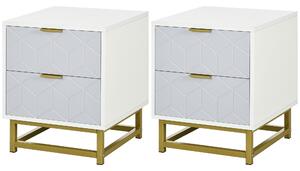 HOMCOM Bedside Table with 2 Drawers, Side Table, Bedside Cabinet with Steel Frame for Living Room, Bedroom, Set of 2, Grey and White