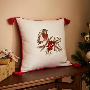 Festive Robin Embroidered Cushion