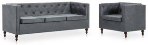 Chesterfield Sofa Set 2 Pieces Fabric Upholstery Grey
