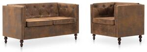Chesterfield Sofa Set 2 Pieces Fabric Upholstery Brown Suede Look