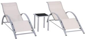 Outsunny 3 Piece Lounge Chair Set, Metal Frame, Outdoor Garden Recliner, Sunbathing Chair with Table, Cream