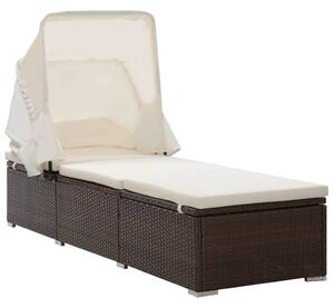 Sun Lounger with Canopy and Cushion Poly Rattan Brown