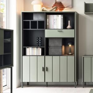 Arthur Wooden Bookcase With 2 Doors 1 Drawer In Green Grey