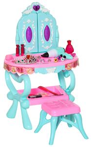 HOMCOM 32 PCS Kids Vanity Dressing Table Play Set, Beauty Kit Pretend Toy w/ Magic Glamour Princess Mirror Hair Dryer Make Up Desk Stool, Blue+Pink