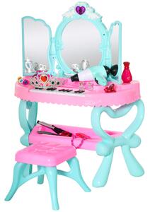 HOMCOM 2 In 1 Musical Piano Kids Dressing Table Set, 32 PCS Vanity Make Up Desk, Children Pretend Toy, with Beauty Kit, for 3-6 Years Old, Pink+Blue