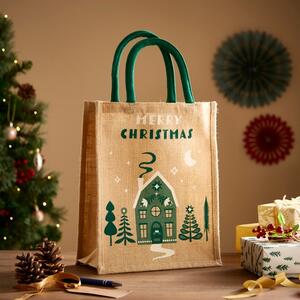 Medium 'Merry Christmas' House Jute Gift Bag