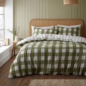 Catherine Lansfield Olive Gingham Seersucker Duvet Cover and Pillowcase Set