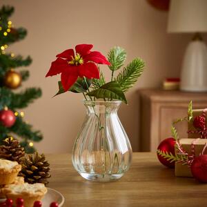 Artificial Red Poinsettia Arrangement in Ribbed Glass Vase