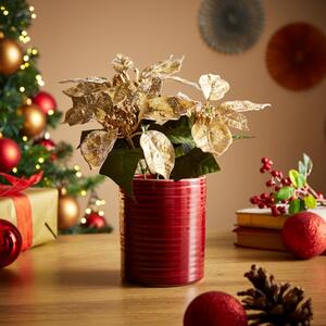 Artificial Gold Poinsettia in Red Ceramic Pot