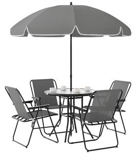 Outsunny 4 Seater Garden Furniture Set, 6 Pieces Garden Table and Chairs with Parasol, Folding Chairs and Round Glass Top Table for Patio, Grey