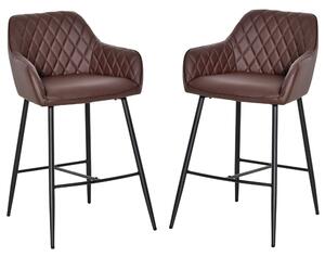 HOMCOM Set of 2 Bar stools With Backs Retro PU Leather Bar Chairs w/ Footrest Metal Frame Comfort Support Stylish Dining Seating Home Brown