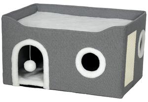 PawHut Cat Bed for Indoor Pets, Foldable Cat House with Fluffy Ball and Scratch Pad for Small and Medium Pets, Grey