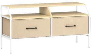 HOMCOM TV Stand Cabinet, TV Unit for 55-inch TVs with 2 Foldable Fabric Drawers, 5 Divided Side Pockets, Open Shelves, Console Table for Living Room, Bedroom, Entertainment Room, Natural Wood Finish