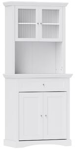 HOMCOM 4-Door Kitchen Cupboard with Drawer, Freestanding Kitchen Cabinet with Glass Doors, Adjustable Shelves and Open Counter, White