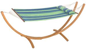 Outsunny Outdoor Hammock with Stand, Garden Hammock with Triple-Head Eucalyptus Wood Arc Frame, 1 Person Cotton Bed and Head Pillow, Freestanding Garden Swing Bed for Patio, Blue Stripe