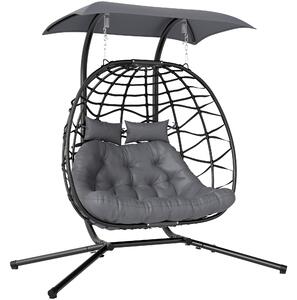 Outsunny Rattan Double Hanging Egg Chair with Canopy, Foldable Wicker Swing Egg Chair with Cushion, Head Pillows, Stand, Steel Frame, Hammock Chair for Indoor Outdoor, Capacity 260 kg, Black